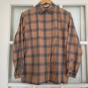 VTG Gloria Vanderbilt 100% cotton brown blue plaid asymmetric button up shirt 6